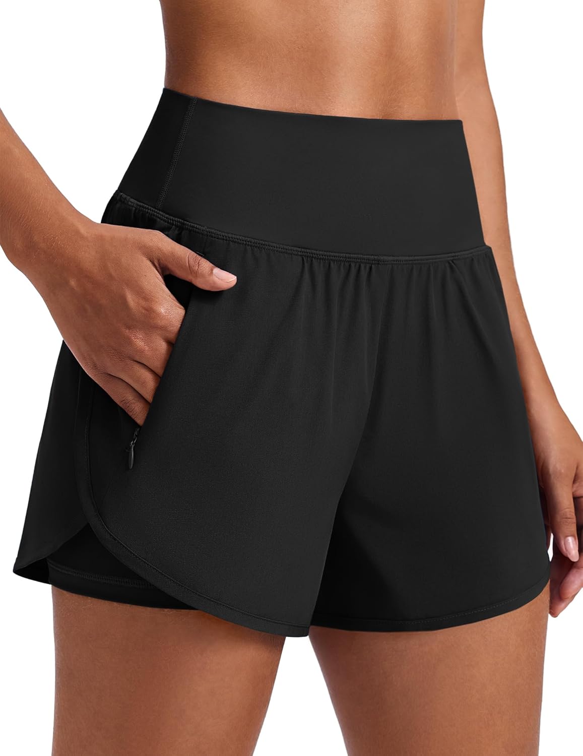 PINSPARK Women's 2-in-1 High Waisted Running Shorts - Quick Dry Workout Gym Shorts with 2 Zip Pockets