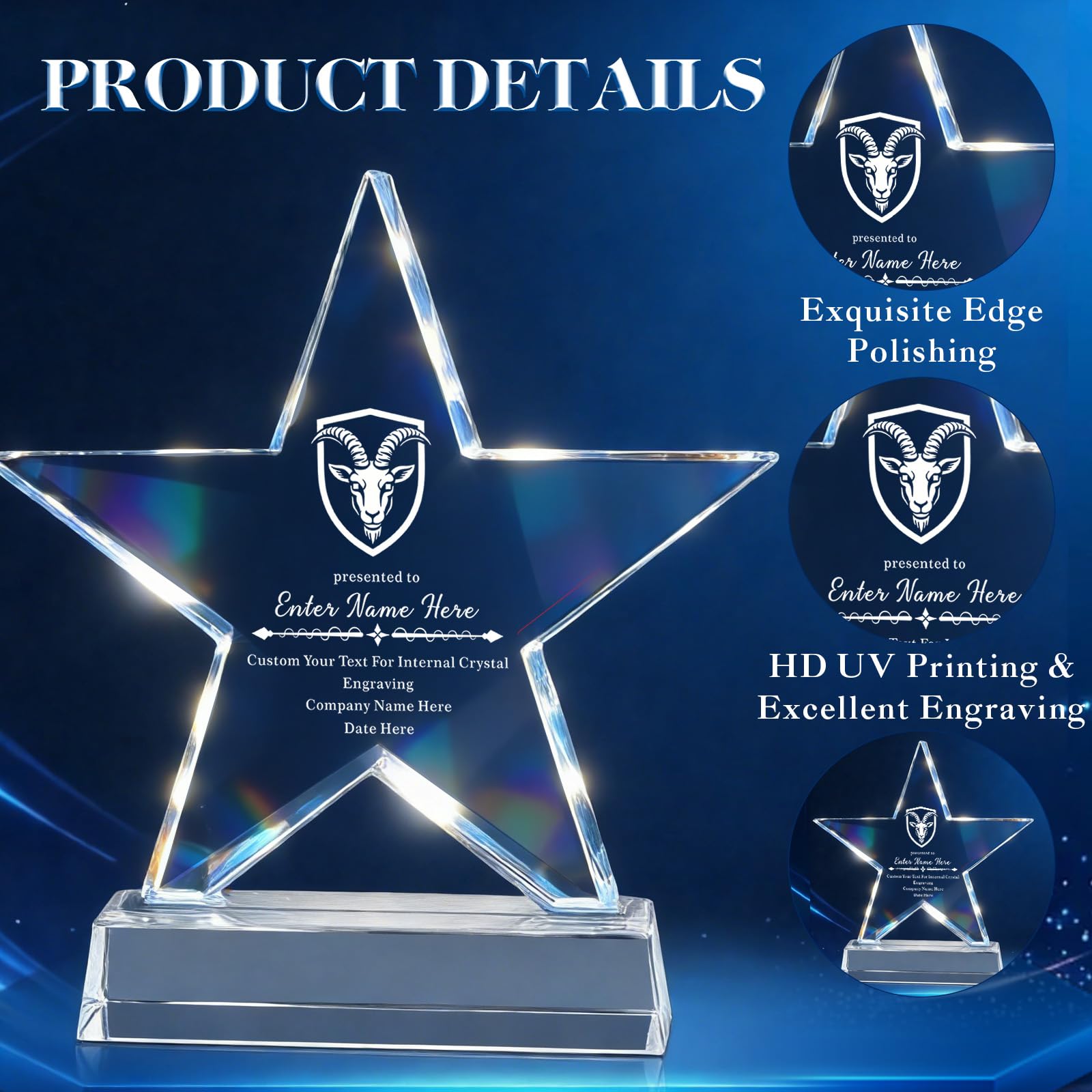 Custom Crystal Star Award Trophy with Engraved Logo Name Text, Personalized Employee Recognition Award Plaque, Corporate Appreciation Trophy for Leadership Retirement Sales Achievement