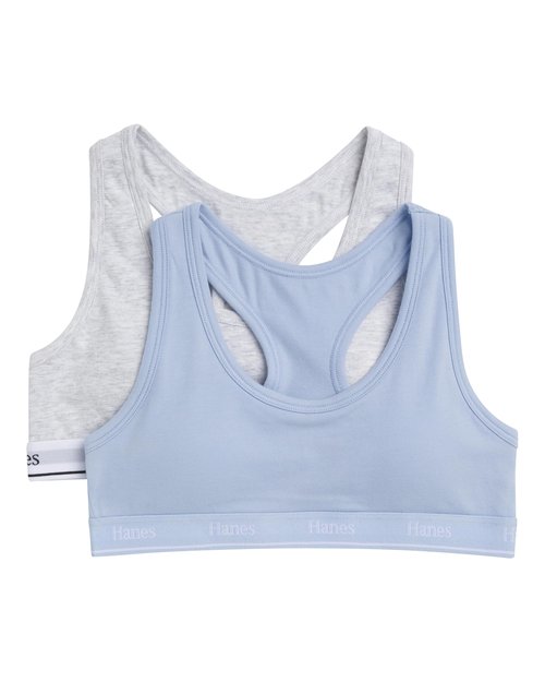 Hanes Girls' Cotton Racerback Sports Bra 2-Pack, Chambray Blue/Heather Gray, Large