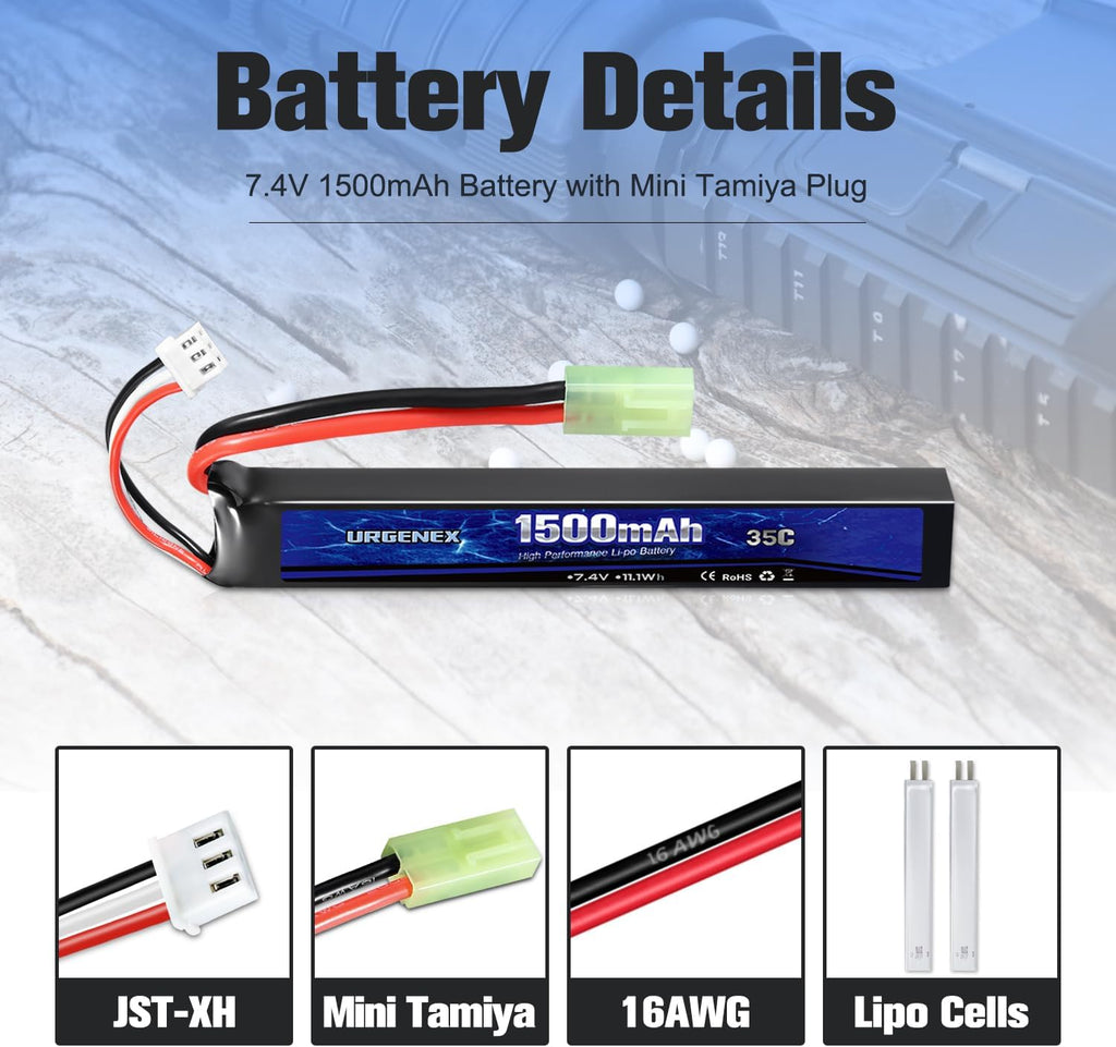 URGENEX 7.4V 1500mAh 35C Lipo Battery Pack - High Discharge Rate with Mini Tamiya Plug & USB Charger