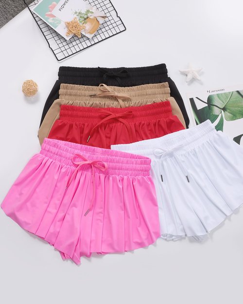 JOCMIC Girls Flowy Shorts, 2 in 1 Preppy Butterfly Shorts with Spandex Liner for Cheer Athletic Gym Teens Casual Clothes Black Navy Red 10 Years