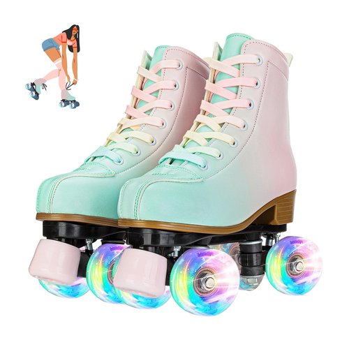 Buric Roller Skates for Girl and Women, PU Leather Kids Roller Skates Light Up, Fantasy High-top Adjustable Four Wheel Beginner Roller Skates Girls Ages 8-12 for Indoor Outdoor (Green Pink 32)