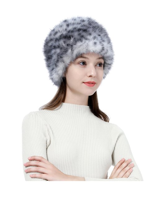 LA CARRIE Women's Faux Fur Hat for Winter with Stretch Cossack Russion Style(Gray Leopard Printed)