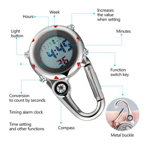 Yardwe Clip on Quartz Watch: Backpack Fob Belt Unisex Pocket Carabiner Watch with for Doctors Nurses Fishing Outdoor Activities