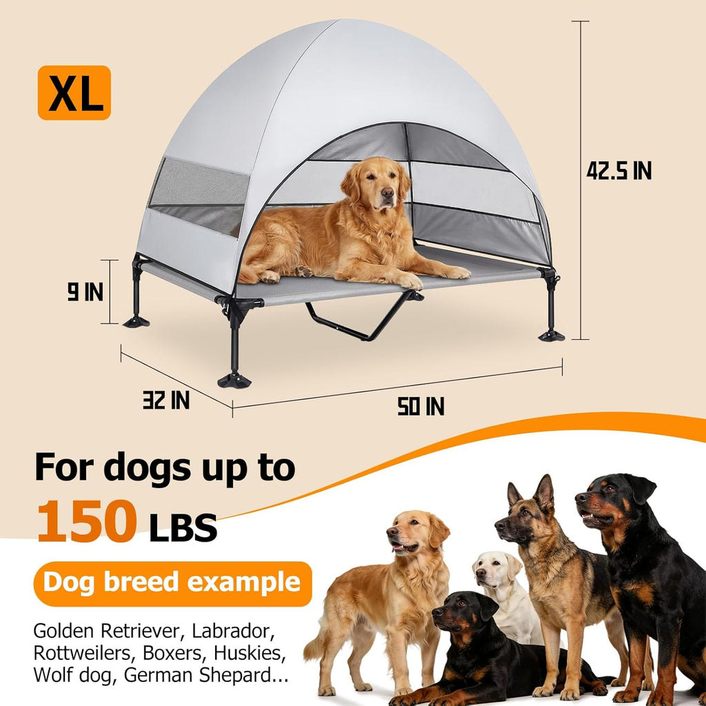 Skiennix Elevated Dog Bed - UV-Proof Canopy & Adjustable Feet - Portable Cooling Cot for Camping & Outdoor Use