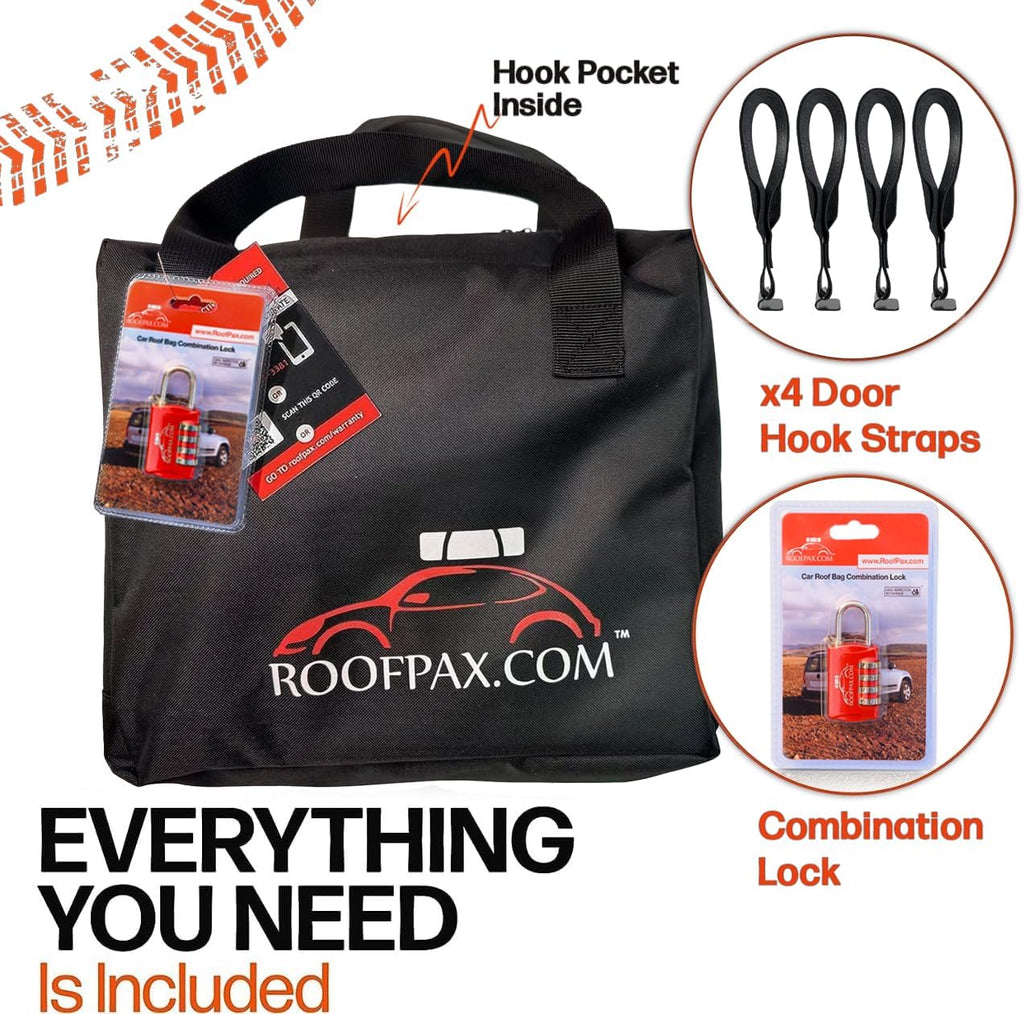 RoofPax Car Rooftop Cargo Carrier Bag Waterproof Storage - Including Double Zippers15 cft. with Heavy-Duty Tie-Down Straps fit Cars with/Without Roof Top Rack or Side Rails.