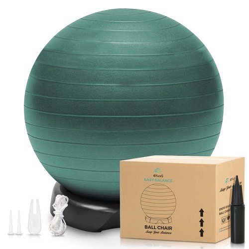 ENOVI EasyBalance Exercise Ball, Yoga Ball, with Base & Pump Set, 65cm, Pineneedle Green