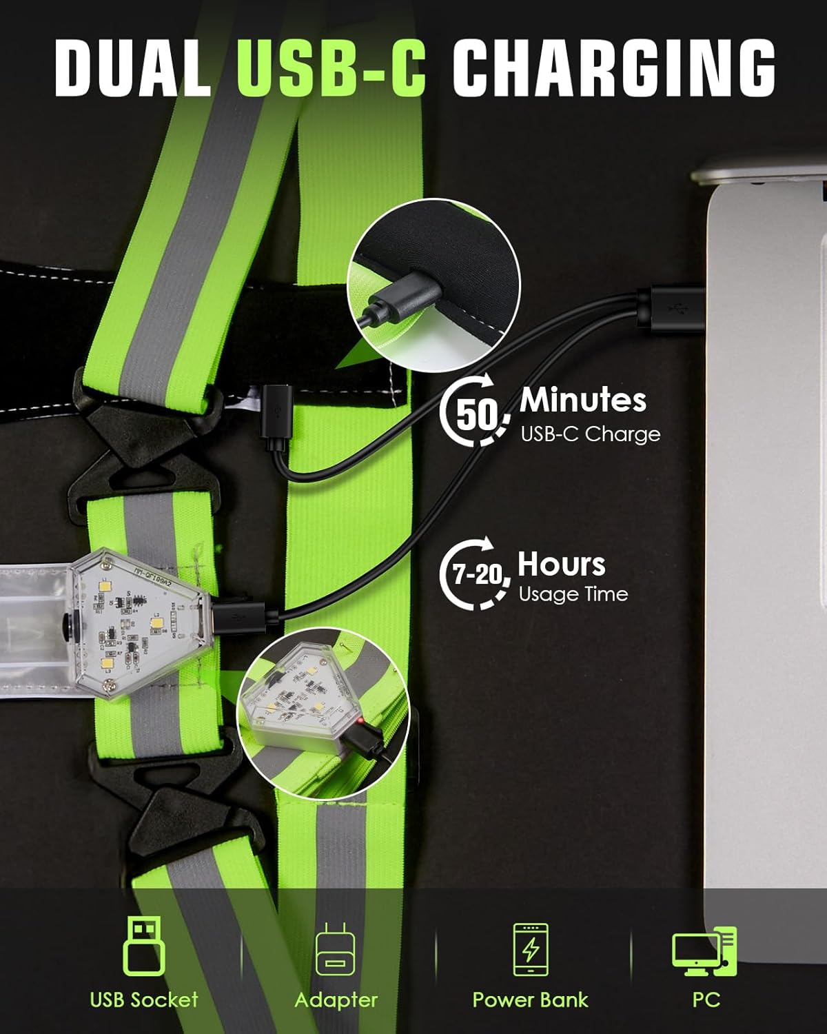 Zacro LED Reflective Vest - 500LM Rechargeable Light Up Running Gear | High Visibility for Night Safety, Adjustable for All Sizes