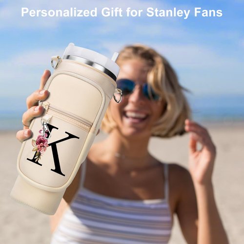 LOKASS Personalized Water Bottle Holder with Strap for Stanley Cup Accessories 40 oz Tumbler, Initial Water Bottle Carrier Bag W/Phone Pocket, for Women,Ideal for Thanksgiving/Christmas/New Year