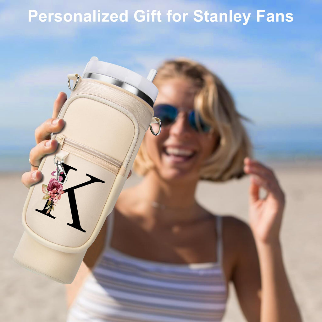 LOKASS Personalized Water Bottle Holder with Strap for Stanley Cup Accessories 40 oz, Initial Stanley Cup Holder Carrier Bag with Phone Pocket, Stylish Tumbler Accessories for Everyday Carry, Beige G
