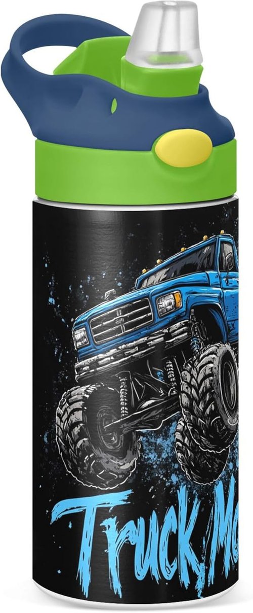 Monster Truck | Black Kids Water Bottle - Vacuum Insulated, Leak-Proof, 12 oz with Straw & Handle for Ages 4-8