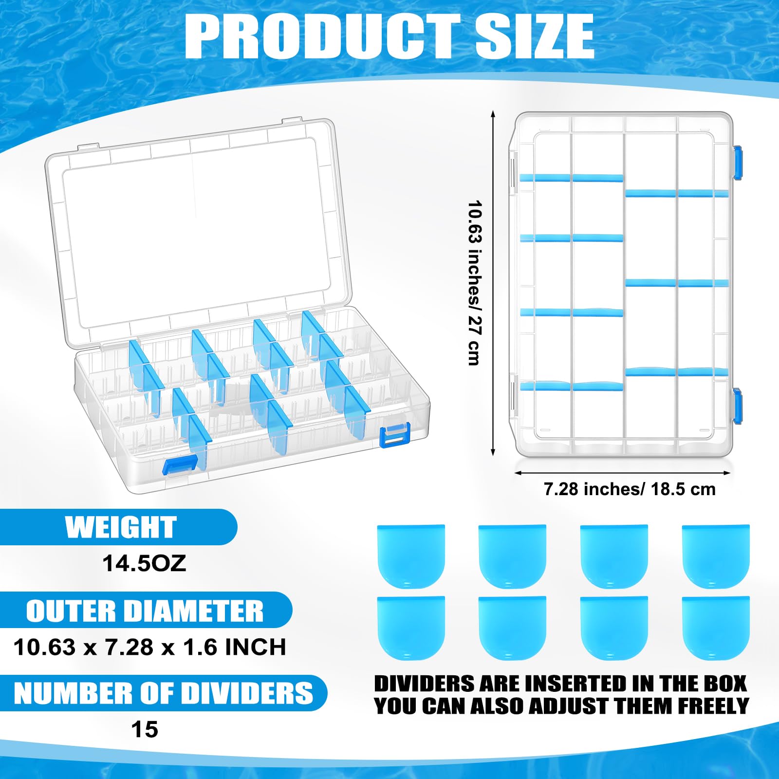 Wonderjune 6 Pack 3600 Tackle Boxes Fishing Tackle Trays with Removable Dividers Waterproof Plastic Fishing Lure Clear Organizer Box Storage Trays for Bait Lure Parts Bead Small Tools