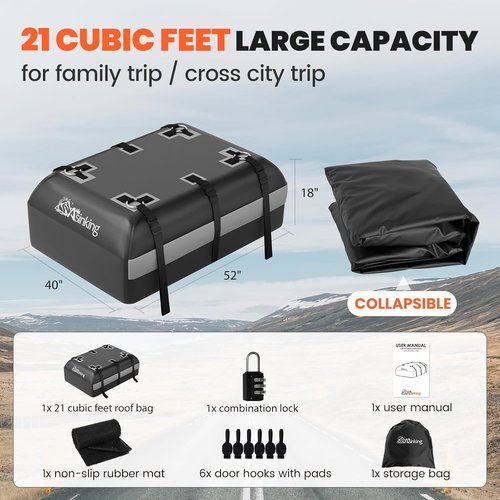 Asinking Car Rooftop Cargo Carrier Bag - 100% Waterproof Heavy-Duty Luggage Carrier | 21 Cubic Feet, Fits All Vehicles
