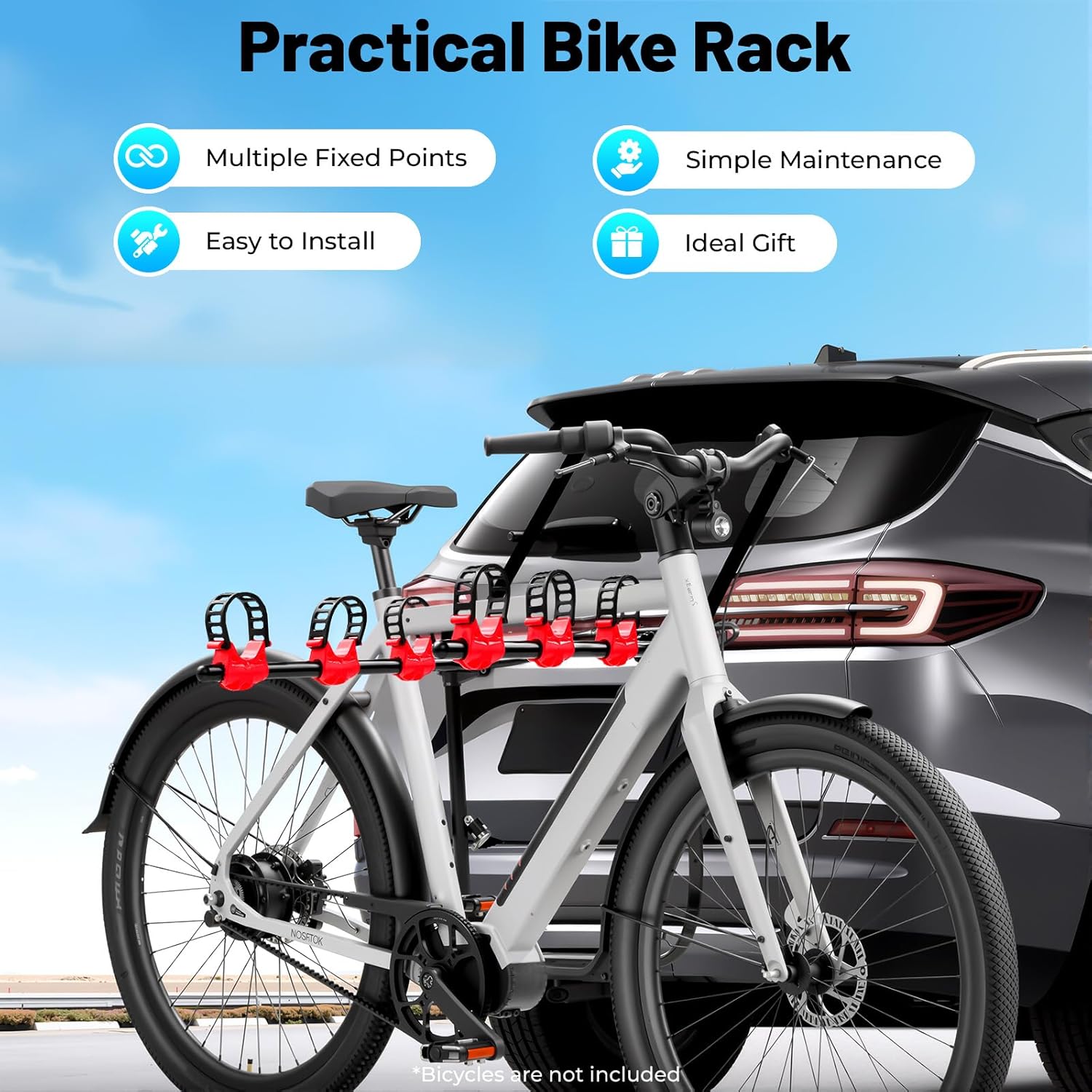 Skiennix Bike Rack - Trunk Mount for SUVs & Cars, 44lb Capacity, Foldable Steel, Holds 3 Bikes, Red & Black