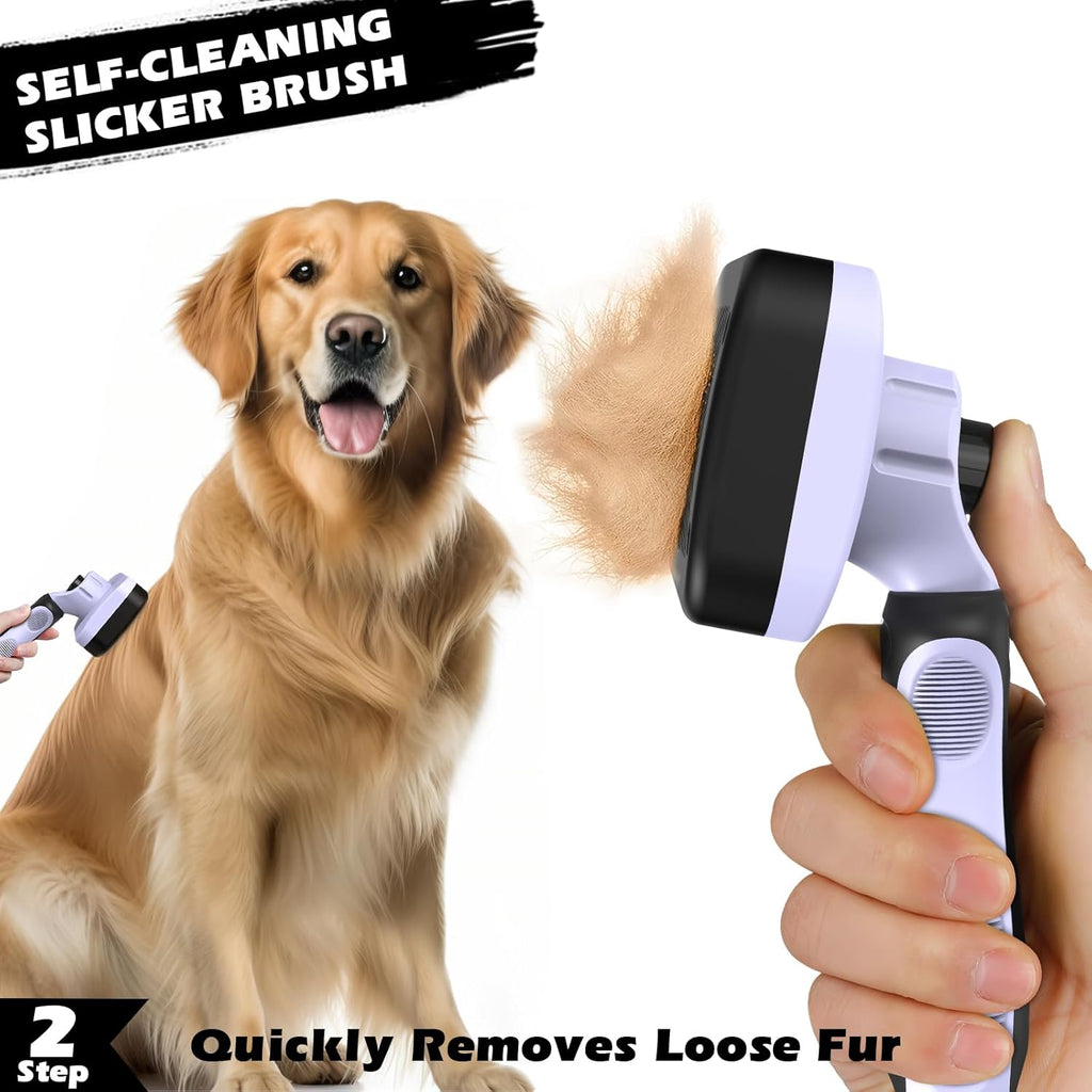 Skiennix Self-Cleaning Slicker Brush Set - Pet Grooming Rake & Flea Comb for Dogs, Cats, Horses | Light Purple