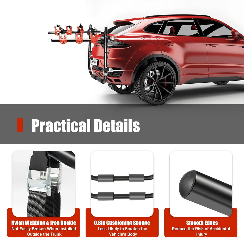 YIYIBYUS 3 Bike Rack Trunk Mount Rack, Foldable Vehicle Bicycle Carrier for Most Cars SUV Sedan Hatchback Minivan, w/Adjustable Straps