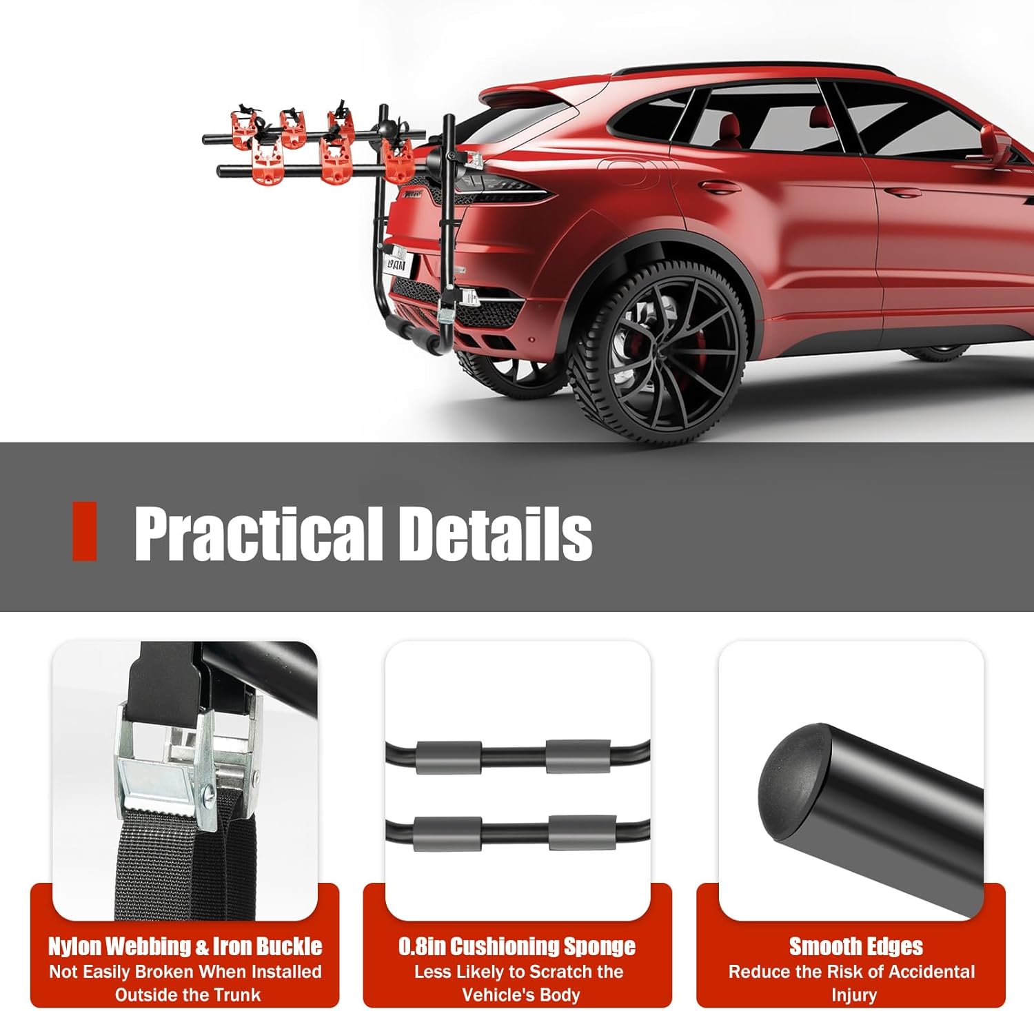 YIYIBYUS 3 Bike Rack Trunk Mount Rack, Foldable Vehicle Bicycle Carrier for Most Cars SUV Sedan Hatchback Minivan, w/Adjustable Straps