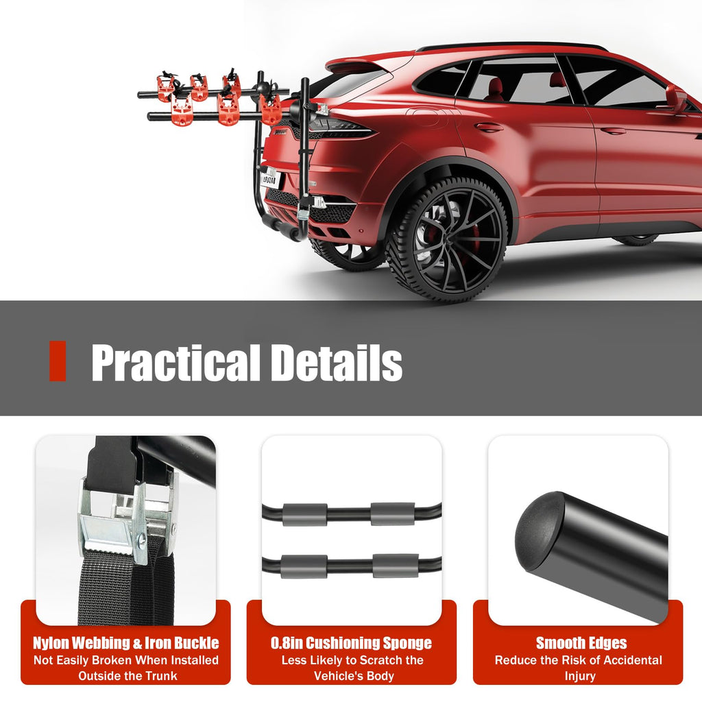 DOONARCES Car Bicycle Rack 3-Bike, Vehicle Trunk Mount Bike Rack F Frame Foldable Bicycle Carrier Holder for Most Cars SUV Sedan Hatchback Minivan, 88lbs Load, Black+Red