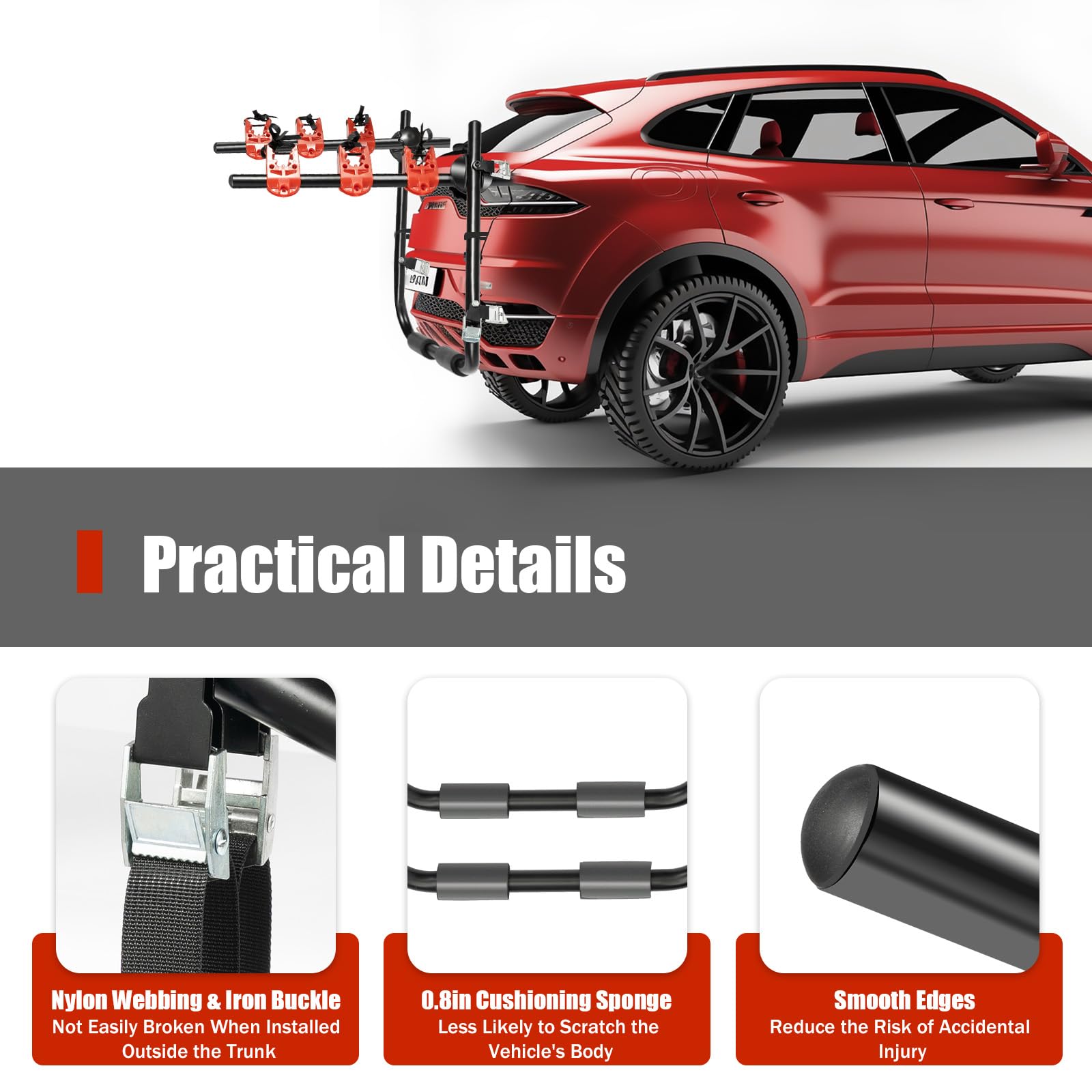 DOONARCES Car Bicycle Rack 3-Bike, Vehicle Trunk Mount Bike Rack F Frame Foldable Bicycle Carrier Holder for Most Cars SUV Sedan Hatchback Minivan, 88lbs Load, Black+Red