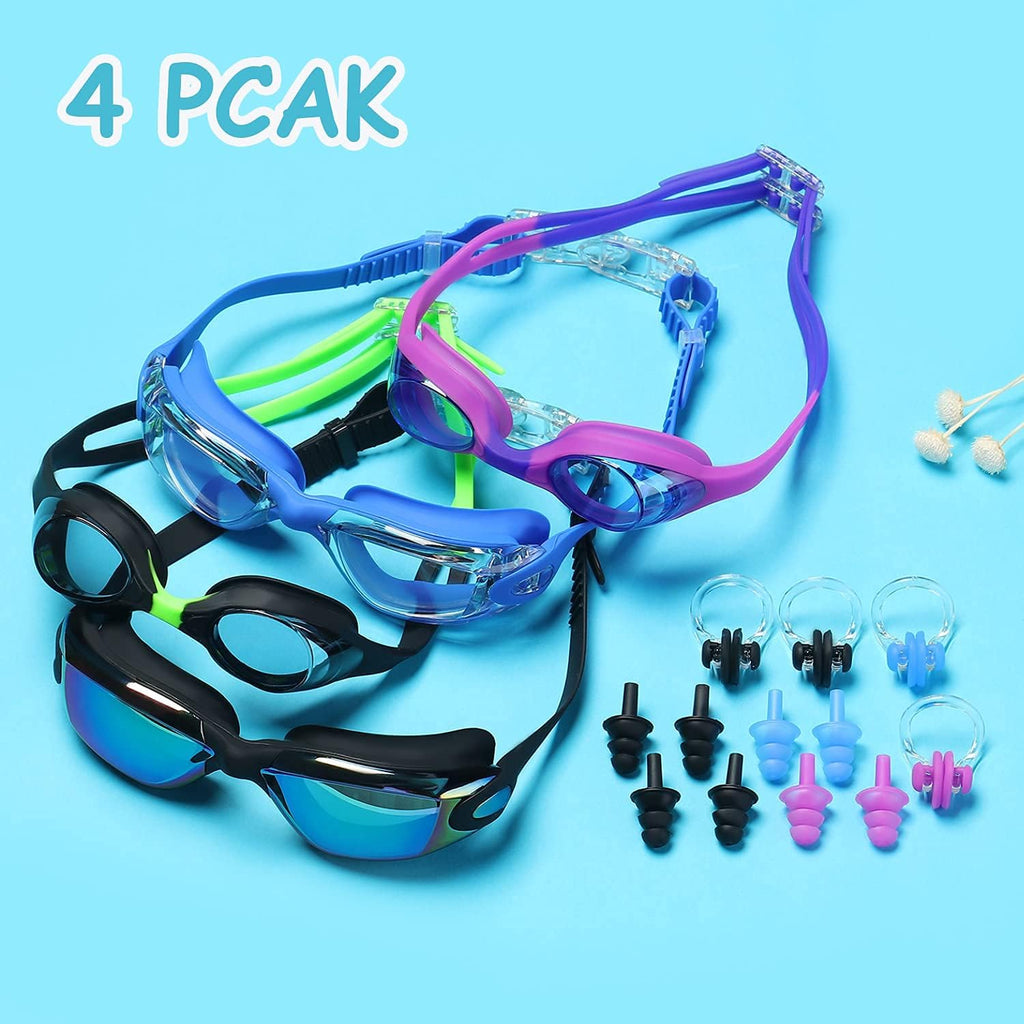 Skiennix Kids Swim Goggles - UV Protection, Anti-Fog, No Leaking | 4 Pack for Ages 6-14