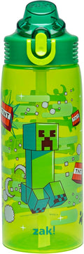 Zak Designs Minecraft Water Bottle - 25oz Durable Plastic with Straw, Handle & Leak-Proof Cover (Creeper)