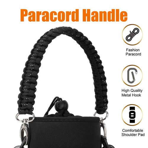 AceTreker 32 oz 40 oz Water Bottle Sleeve, Insulated Water Bottle Holder with Strap & Paracord Handle, Carrier Sling Bag with Phone Pocket for Walking Hiking-Black