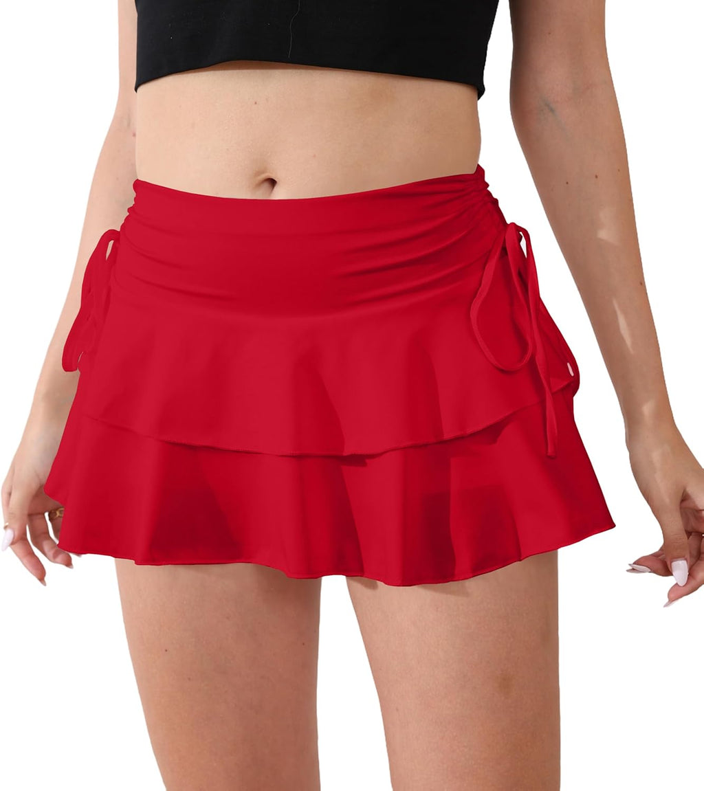 Skiennix Women's Y2K Mini Ruffle Skirt - Cute Tiered Design with Shorts & Elastic Waist | Bow Tie Detail