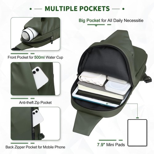 DTGN Small Sling Bag - Waterproof Crossbody Chest Bag for 7.9" Tablets | Lightweight Daypack in Dark Green