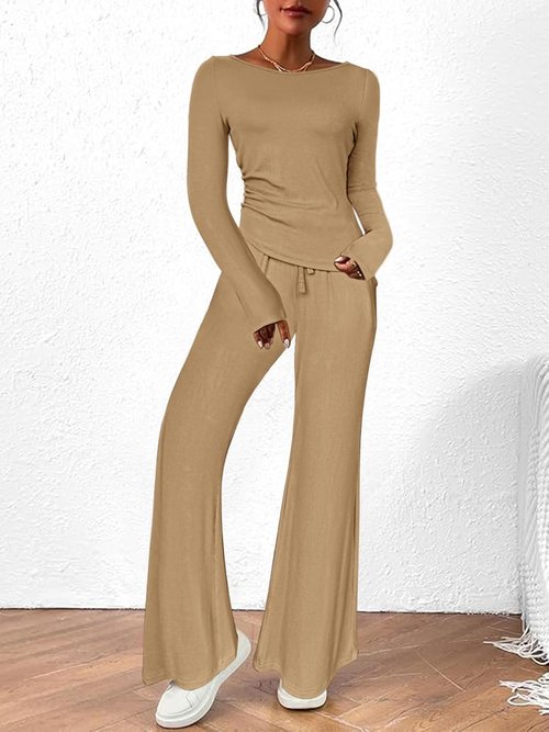 BeautyNee 2 Piece Matching Sweatsuit - Women's Casual Lounge Set with Wide Leg Pants & Crop Top | Khaki M
