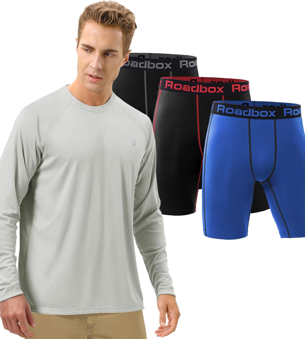 Roadbox Men's Long Sleeve Sun Protection Shirt - Comfortable Fit | Includes 3 Pack Compression Shorts (Size: L)