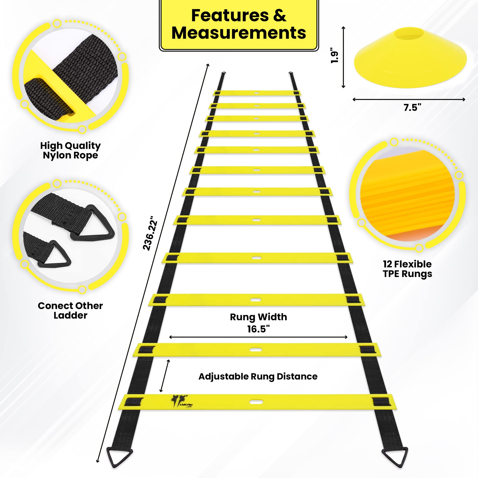 20ft Sports Agility Ladder for Men Women and Kids, Speed Youth Soccer Agility Training Equipment for football, exercise, Tennis, Legs Workout with Speed Parachute with, Cones and Carry Bag (Blue)