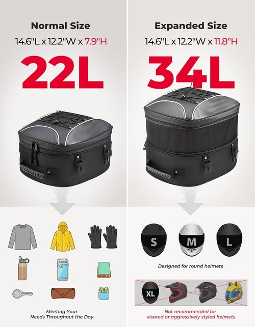 KEMIMOTO Motorcycle Tail Bag - Waterproof Expandable 22L-34L Rear Seat Luggage with 6 Straps