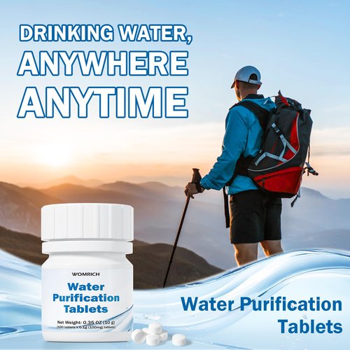 Water Purification Tablets (100 Count) - Emergency Water Treatment for Camping, Survival & Travel - Iodine-Free NaDCC Formula, No Chemical Aftertaste - Essential Addition to First Aid & Survival Kits