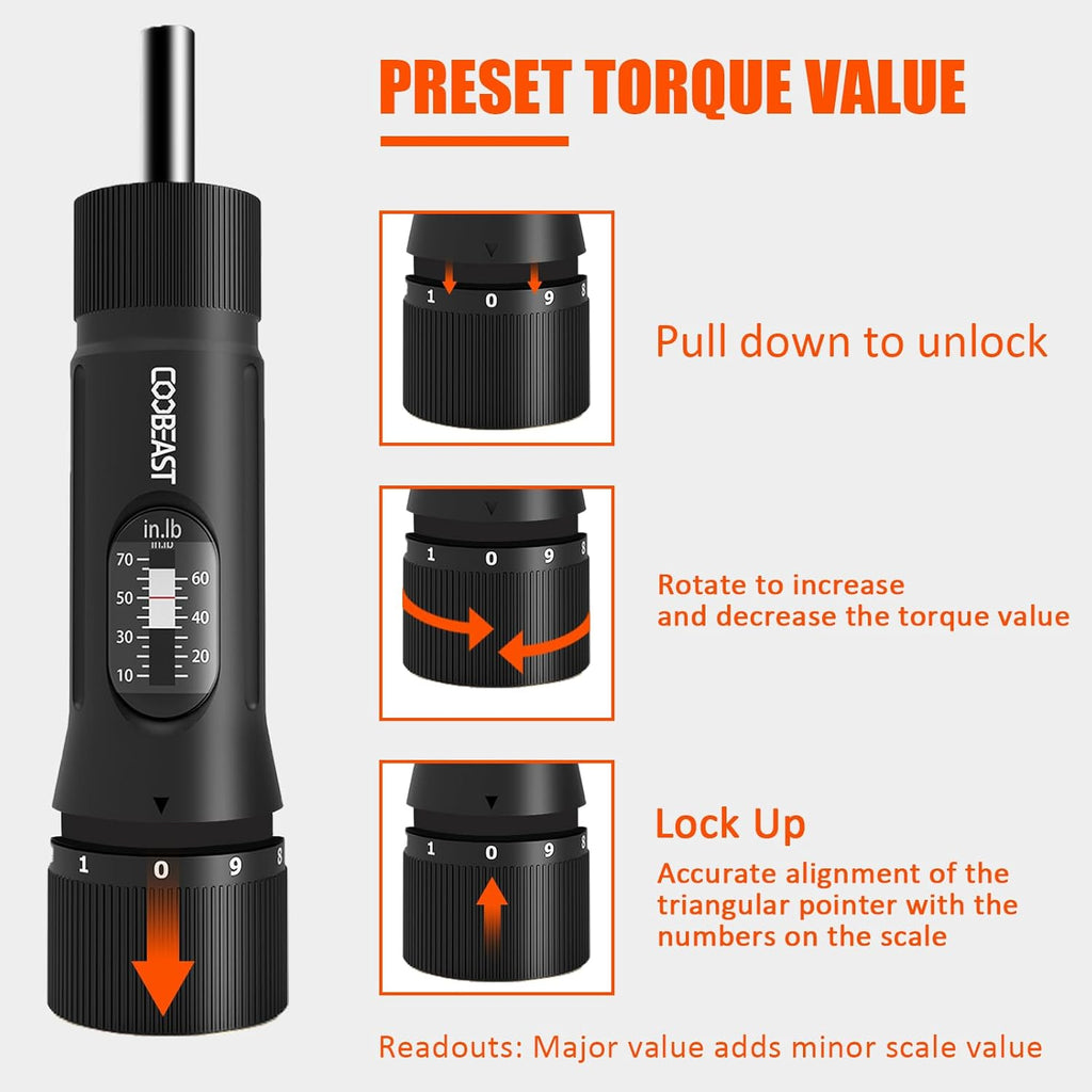 Skiennix 13-Piece Torque Screwdriver Set - S2 Bits & 1/4” Drive for Bike Repair | 10-70 In-lb Torque Range