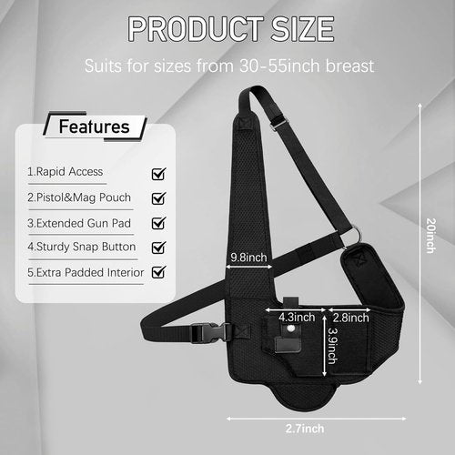 AIKATE Shoulder Holster - Universal Chest Holster for 9mm Pistols with Magazine Pouch | Fits Glock, Sig, S&W