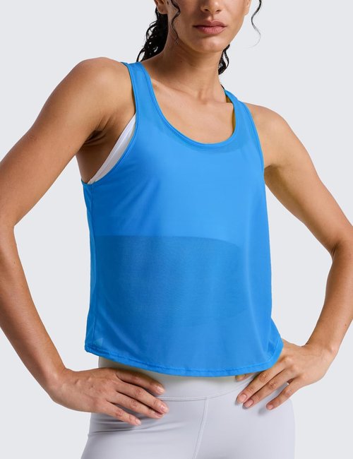 CRZ YOGA Mesh Workout Tank Tops for Women - Breathable Sleeveless Athletic Scoop Neck Shirts