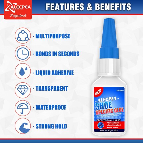 ALECPEA 30g Shoe Glue - Flexible Instant Adhesive for Sole Repair & Restoration - Waterproof Heavy Duty Sneaker Glue for Boots, Heels, Hiking Shoes, Leather & Rubber - Sets in 15 Seconds