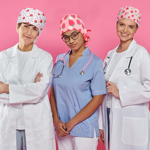 Jamntower 6 Pcs Satin Lined Working Hat Scrub Caps Adjustable Tie Back Bouffant Hats with Button Sweatband for Doctor Nurse(Strawberry Style,Cute Color)
