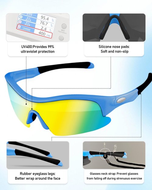 Hurdilen Polarized Kids Cycling Sunglasses, Youth Baseball Sunglasses for Boys Girls Age 8-14, 4 UV Interchangeable Lenses, Lightweight Sun Glasses for Baseball, Softball, Sports (Blue)