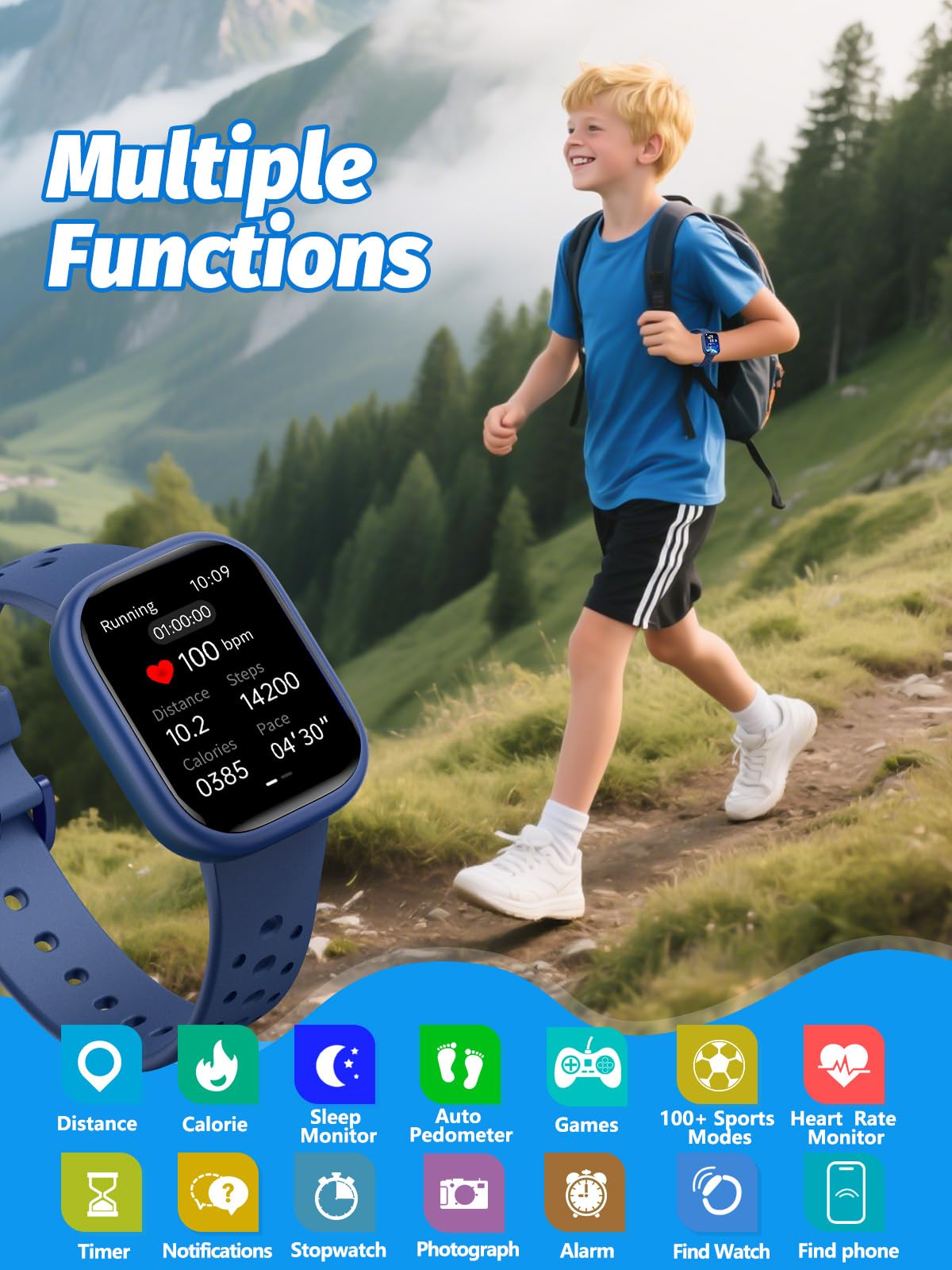 teslahero Upgraded Kids Smart Watch Fitness Tracker, 1.85" Screen with 12 Puzzle Games, Heart Rate Sleep Monitor, Pedometer, Waterproof with/Without APP for Fitbit Boys Girls (Black)