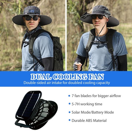 Pureadee Men's Wide Brim Solar Fan Outdoor Fishing Hat in Grey - includes 2 Solar Fans, Medium, Black
