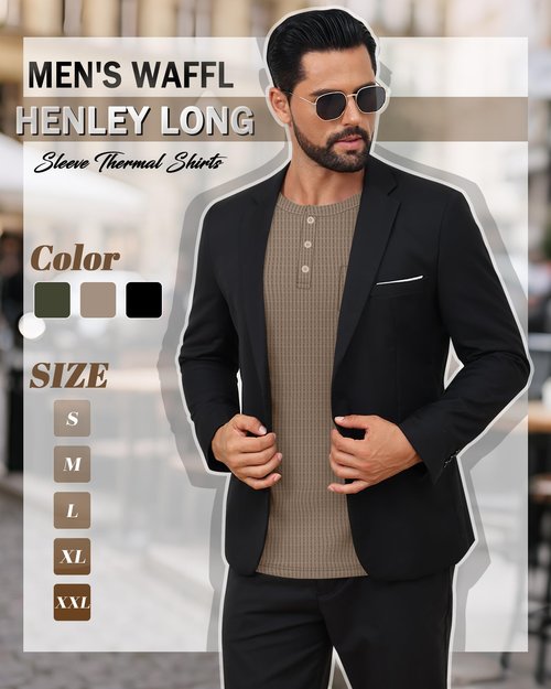 August Alley 3 Pack Men's Waffle Henley Long Sleeve Thermal Shirts, Lightweight Casual Undershirts Pullover Tops with Pockets(Black, Coffee, Dark Army Green,Large)