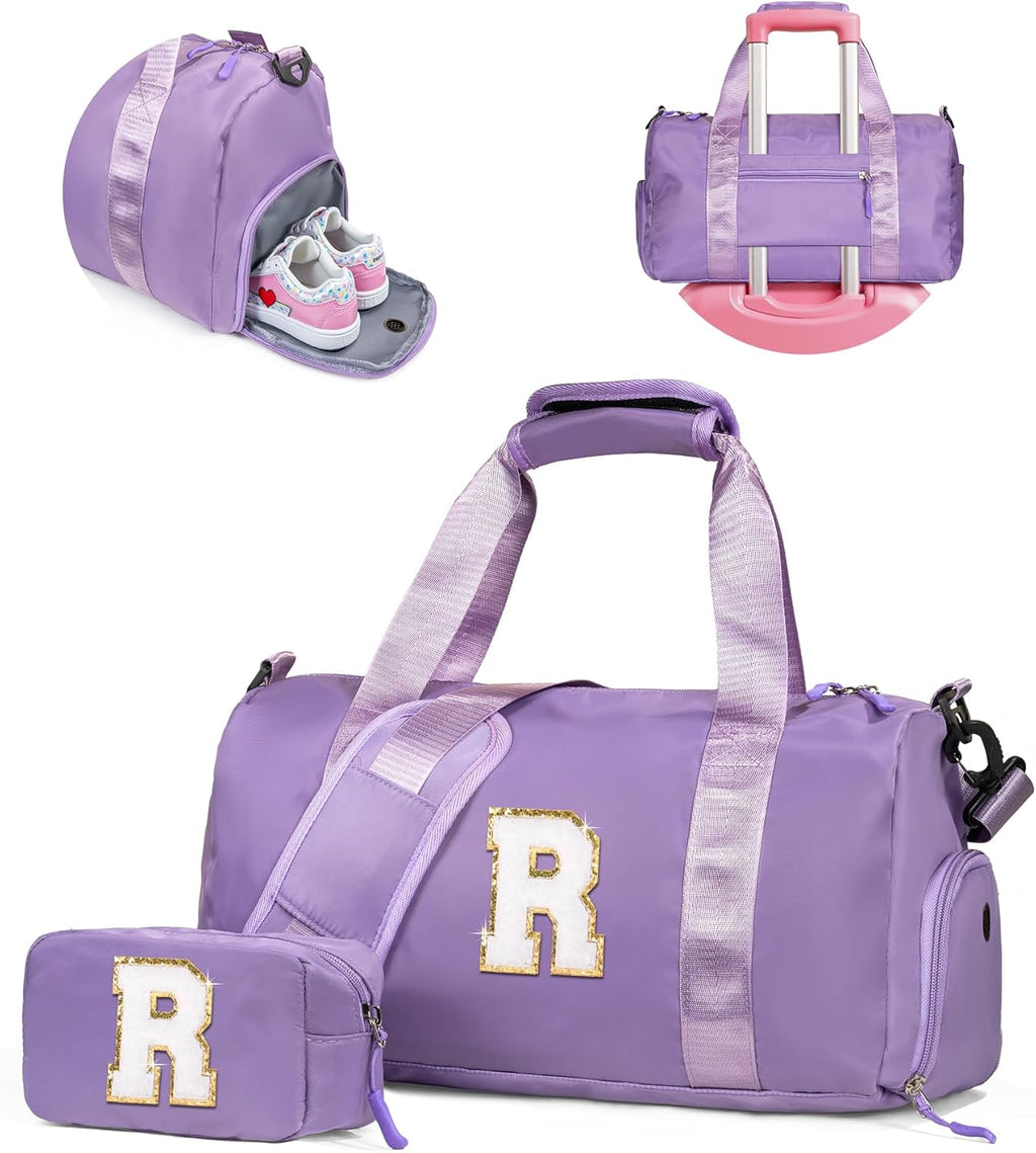 Skiennix Girl Gym Bag - Personalized Weekender with Shoe Compartment & Makeup Pouch | Ideal Birthday Gift for 4-Year-Olds (Letter R)