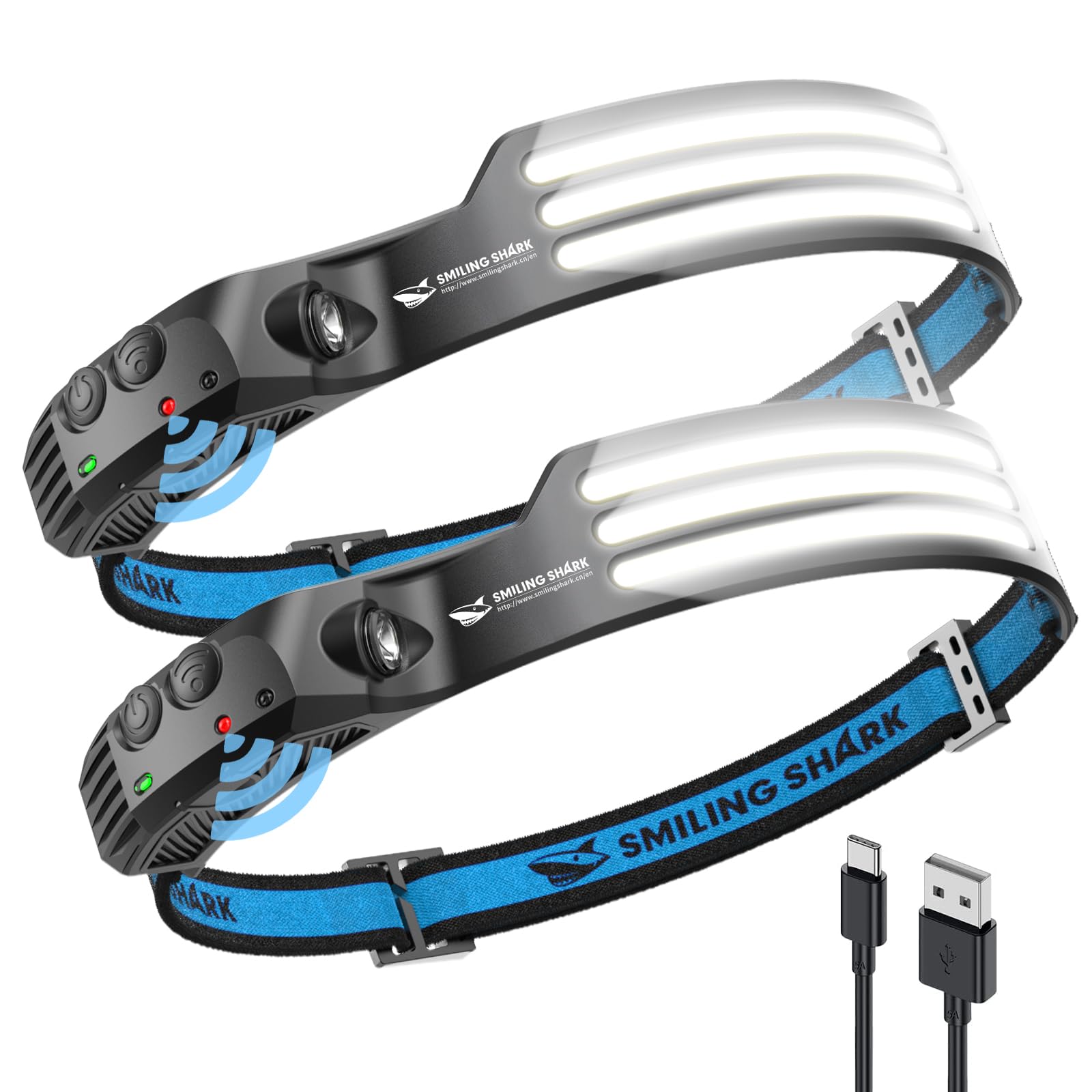 Smiling Shark LED Headlamp, 230°Wide Angle 3*White Light 2 Pack the Brightest Head Lamp Rechargeable Waterproof Headlight for Camping Hiking Outdoor, Head-Lamp-LED-Frontale-Light