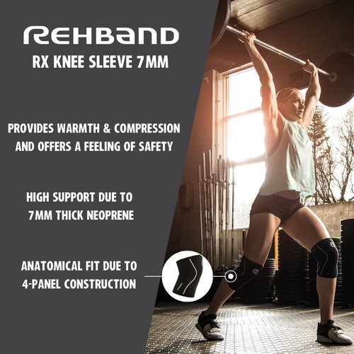 Rehband RX Knee Support for Strength Training & Fitness - 7mm Neoprene Knee Sleeve, Flexible & Non-Slip, Knee Sleeve for Men & Women, Colour:Carbon/Black - 1 Pair, Size:Medium
