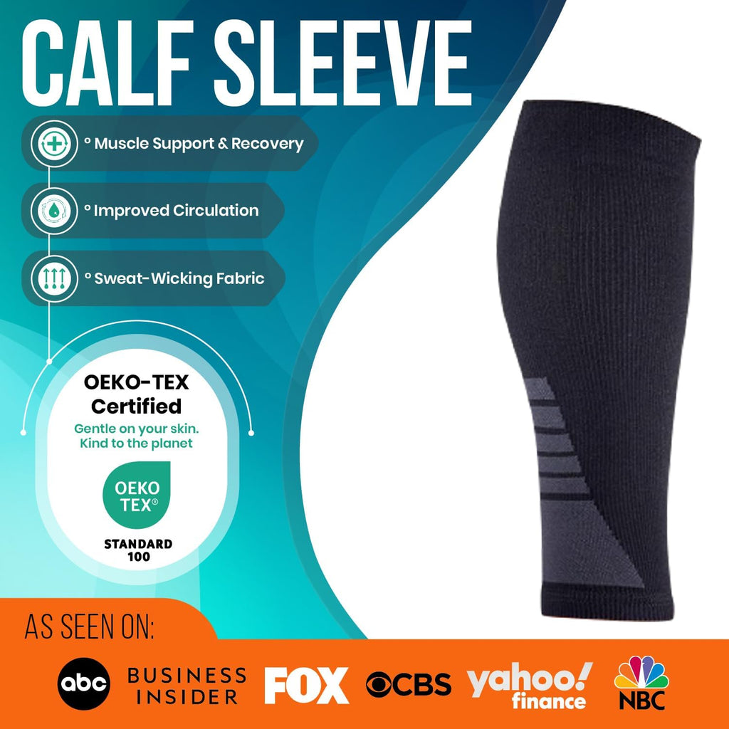 PhysFlex Calf Compression Sleeves - Footless Support Socks for Varicose Veins & Shin Splints | Black, Medium (1 Pair)