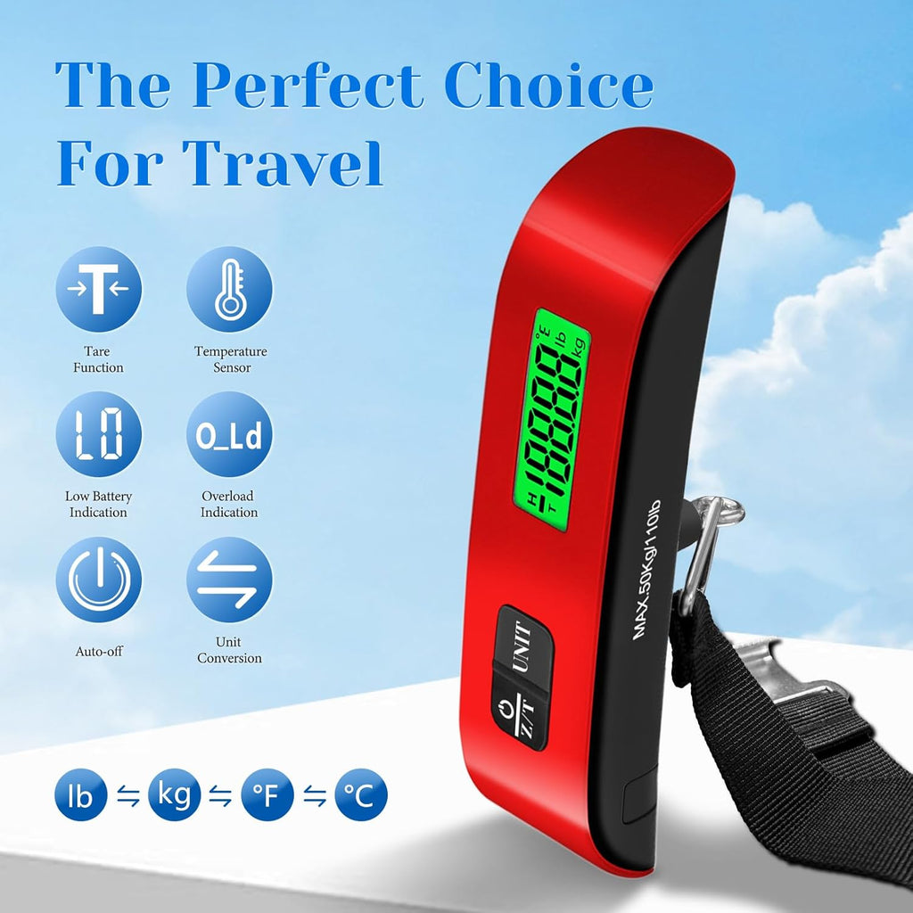 Skiennix Luggage Scale - 110lb Digital Weight Scale with LED Display & 4 Unit Switching | Red