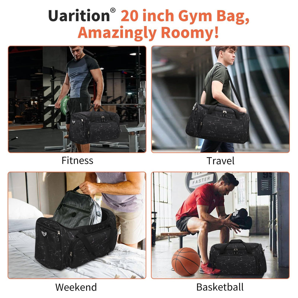 Uarition Men's Large Duffle Bag, 55L Heavy Duty Gym Bag for Sports, Workout, and Travel - Durable Duffel Gear Bag in Marble Black