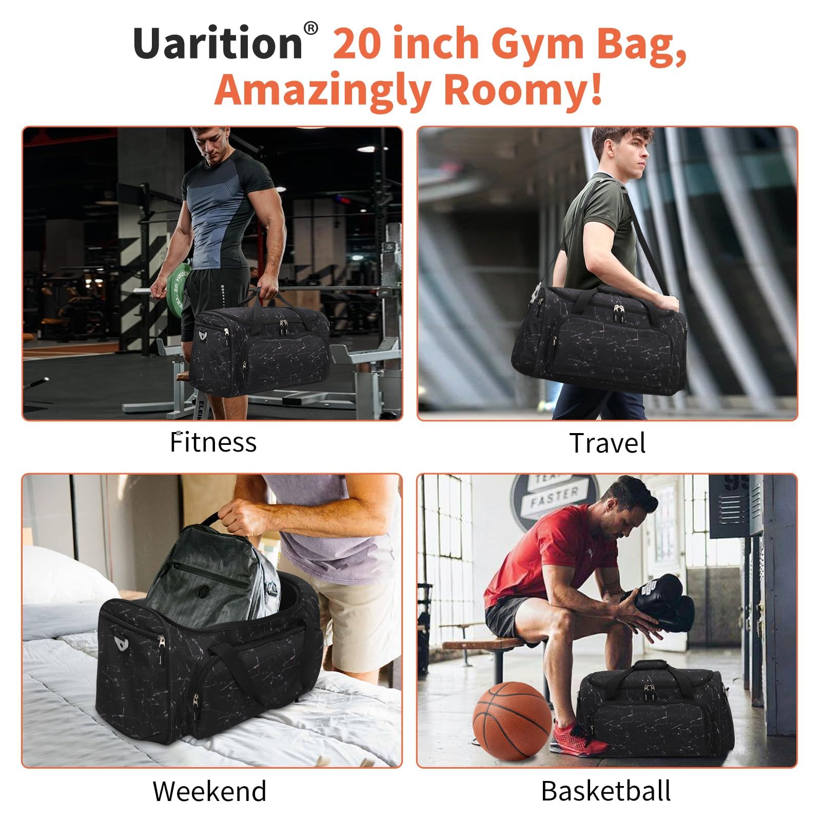 Uarition Men's Large Duffle Bag, 55L Heavy Duty Gym Bag for Sports, Workout, and Travel - Durable Duffel Gear Bag in Marble Black