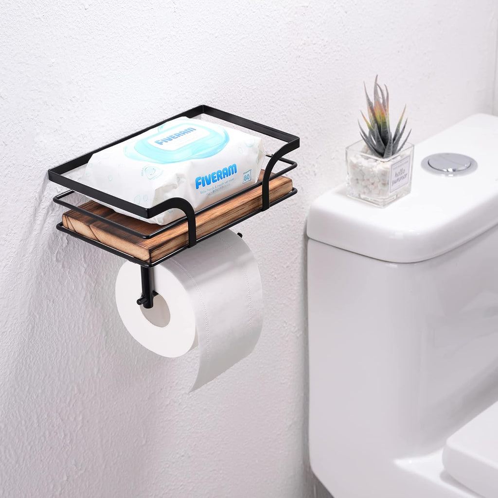 Rustic Farmhouse Toilet Paper Holder | Stylish Bathroom Organizer with Shelf - Warm Brown Wood & Black Metal